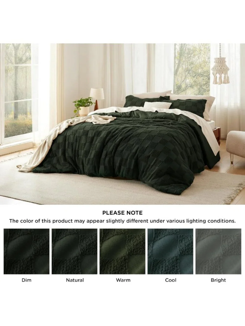 Cozy Dark Olive Green Queen Comforter Set, Boho Plaid 3-Piece Bedding Ensemble